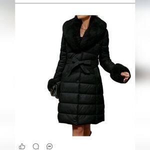 Women's Puffer black Jacket Plush Lining Coat with Removable Fur Collar Hooded